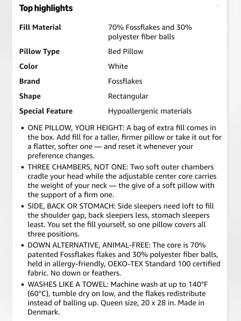NIB Fossflakes Nordic Sleep Queen Pillow Adjustable Fill Made In Denmark Vegan